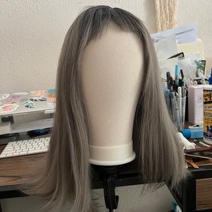 Grey Ombre Wig with Black Roots, Bangs and Synthetic